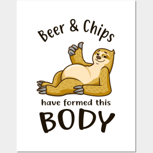 Sloth With Beer Belly Beer And Chips Body Fun Posters and Art